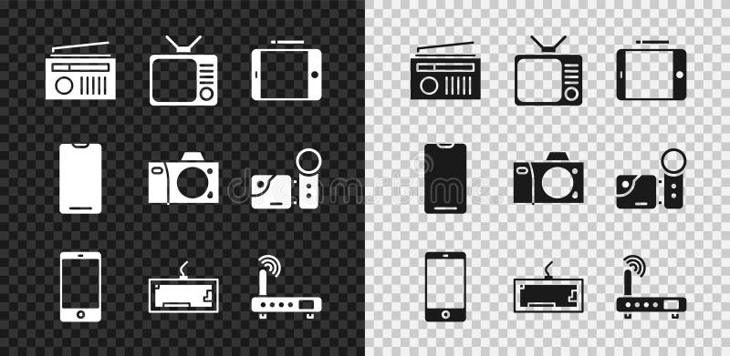 Set Radio with antenna, Retro tv, Graphic tablet, Smartphone, mobile phone, Keyboard, Router and wi-fi signal, and Photo