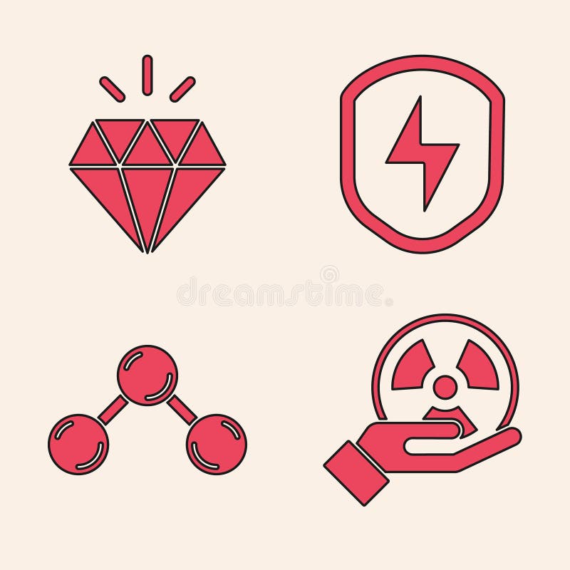 Set Radioactive, Diamond, Secure shield with lightning and Molecule icon. Vector vector illustration