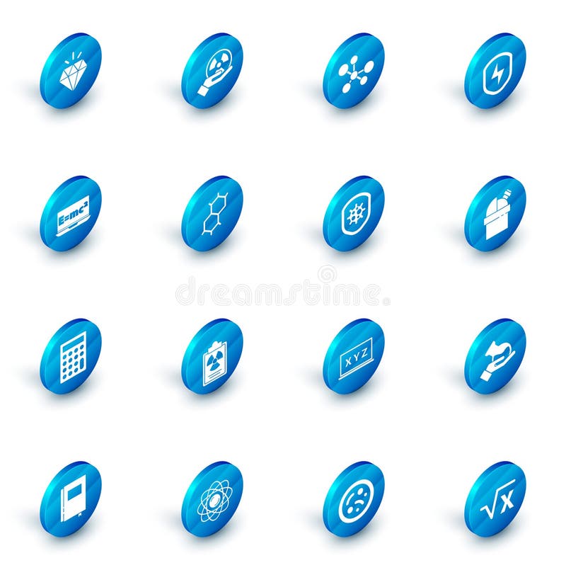 Set Radioactive, Molecule, Secure shield with lightning, Equation solution, Calculator, Chemical formula, Astronomical vector illustration