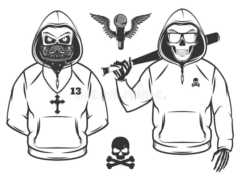 Set of rap skull and hip hop skeleton black and white style vector illustration Set of rap skull and hip hop skeleton black and white style vector illustration