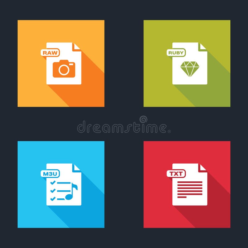 Set RAW file document, RUBY, M3U and TXT icon. Vector royalty free illustration