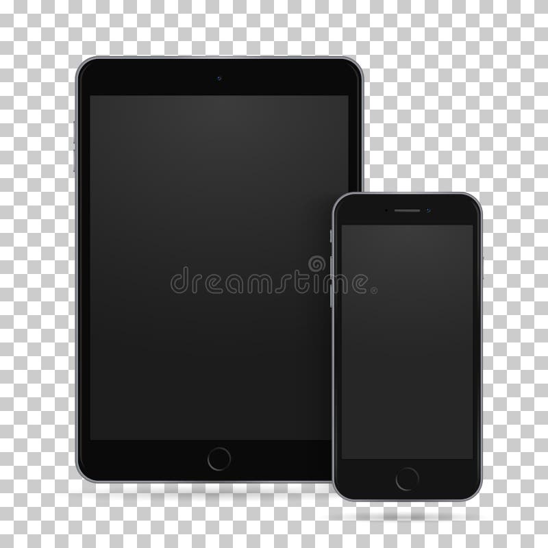 Set of realistic black tablet and mobile phone with empty screen. New electronic gadget stock illustration