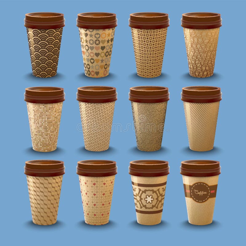 Set of realistic cardboard coffee drinking cups with lids template stock illustration