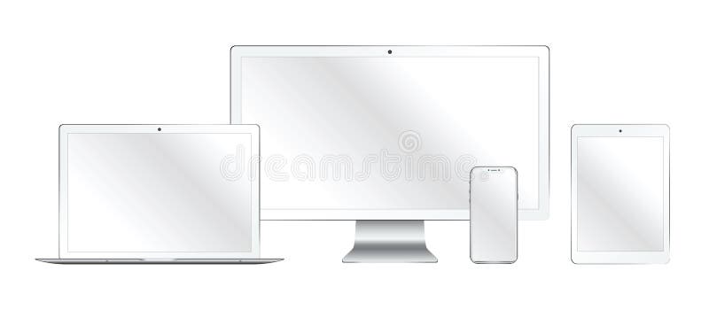 Set of realistic computer monitor, laptop, tablet, mobile phone vector illustration
