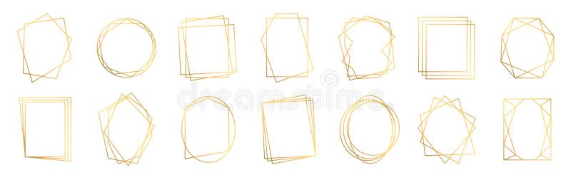 Set realistic 3d golden geometric frames. Geometrical polyhedron, art thin line decoration style - vector vector illustration