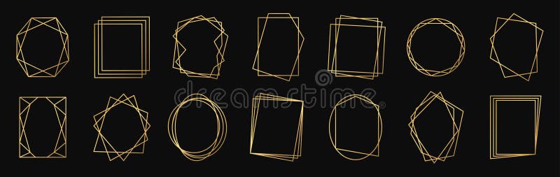 Set realistic 3d golden geometric frames. Geometrical polyhedron, art thin line decoration style - vector stock illustration
