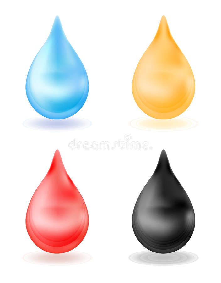 Set of realistic drops, yellow, blue, red, black. 3d drop isolated on white background. Water, blood, oil, honey. Vector stock illustration Set of realistic drops, yellow, blue, red, black. 3d drop isolated on white background. Water, blood, oil, honey. Vector stock illustration