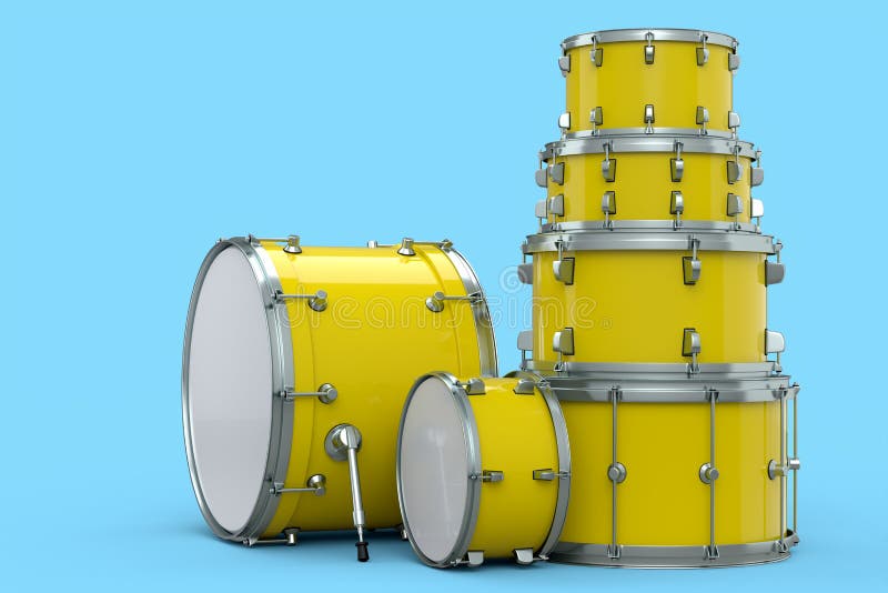 Set of realistic drums or drumset on blue background