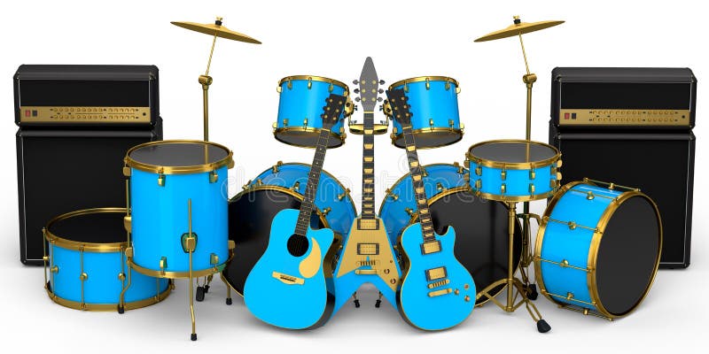 Set of Realistic Drums with Metal Cymbals, Amplifier and Acoustic Guitars  Stock Illustration - Illustration of drum, acoustic: 243414800