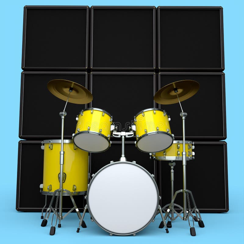 Set of Realistic Drums with Metal Cymbals or Drumset and Amplifier on