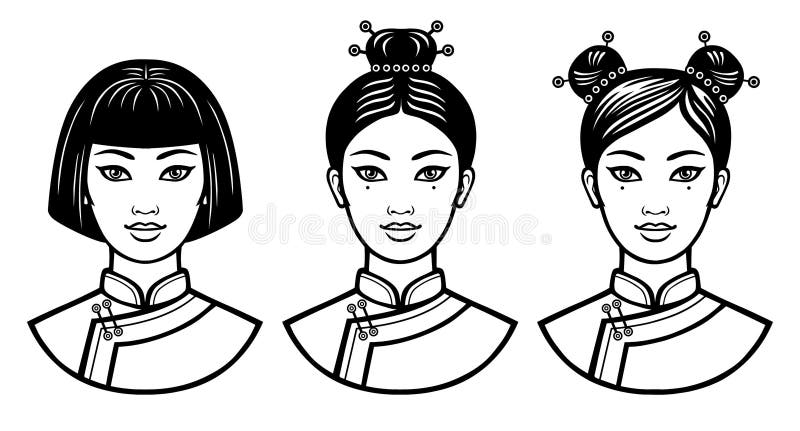 Set of Realistic Portraits of the Young Chinese Girls with Different  Hairstyles. Stock Vector - Illustration of asia, appearance: 98562488