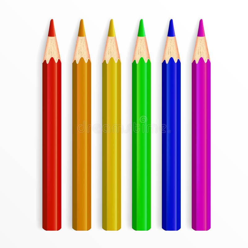 Set of Realistic Rainbow Colored Pencils Isolated on White Background