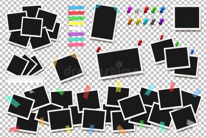 Set of realistic square frames, pins and paper stickers on transparent background royalty free illustration