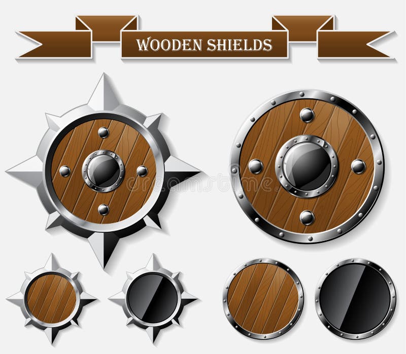Set of realistic wooden shields on grey vector illustration Set of realistic wooden shields on grey vector illustration