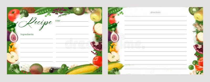 Set of recipe card templates for making notes about preparation of food and cooking ingredients. Clean cookbook pages