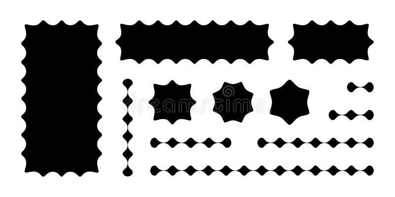 Set of rectangle, circle and square forms with wavy edges and dividers with connected amorphous shapes. Design elements royalty free illustration