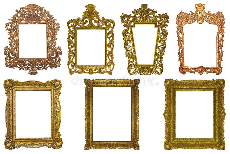 Set of rectangle Decorative vintage gilded golden wooden frames on white background stock images