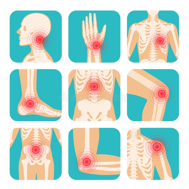 Set of red circle pain localization, human body, skeleton, joints and bones