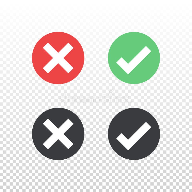 Set of red green black circle icon check mark icon on transparent background. Approve and cancel symbol for design
