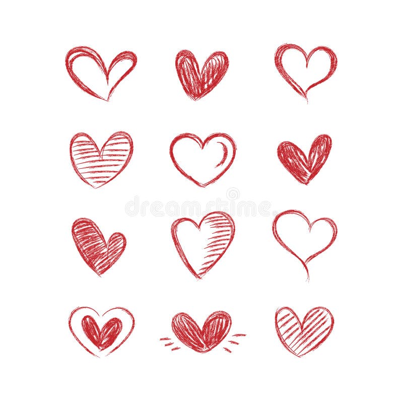Set of red hearts hand-drawn. Collection of hearts cartoon on white background.