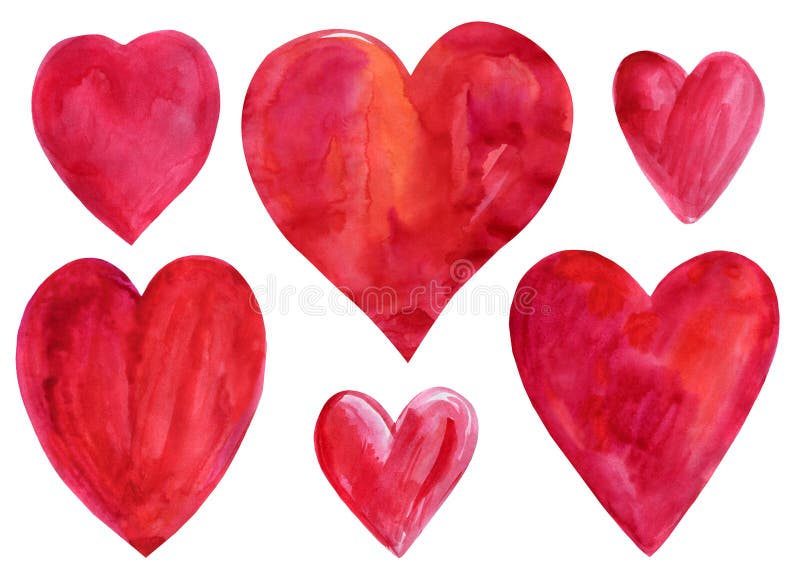 Set of red hearts on isolated white background, watercolor illustration, valentine&x27;s day