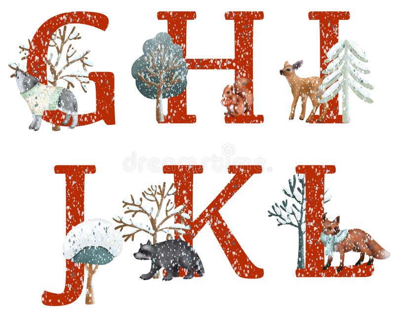 Set of Red Letters with Winter Woodland Animals, Christmas Animal ...