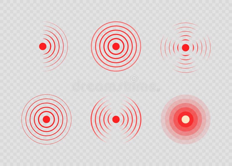 Set of red painful target spot. Pain circles. Sonar waves. Red rings of pain to indicate localization of ache. Vector illustration