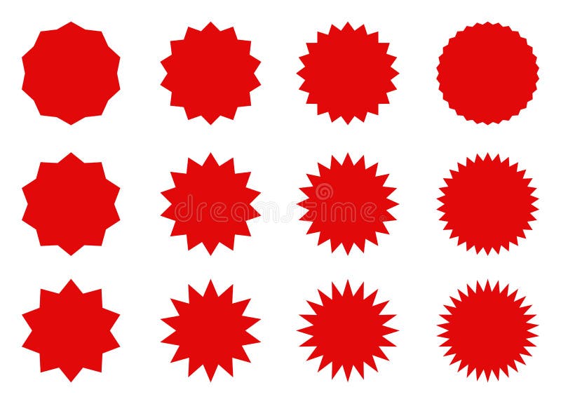 Set of red price sticker, sunburst badges icon. Stars shape with different number of rays. Red starburst speech bubble set, labels stock illustration