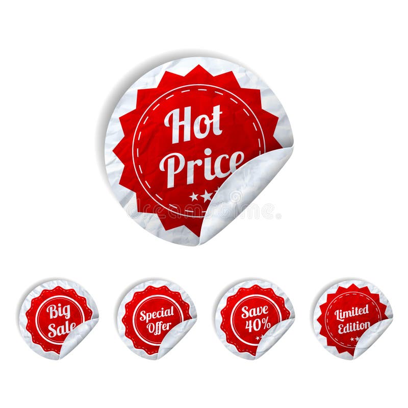 Set Of red round crumpled paper SALE stickers on white background. Vector illustration