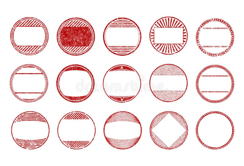 Set of 15 Red, Round, Grunge, Rubber Stamps Templates. Vector Stock