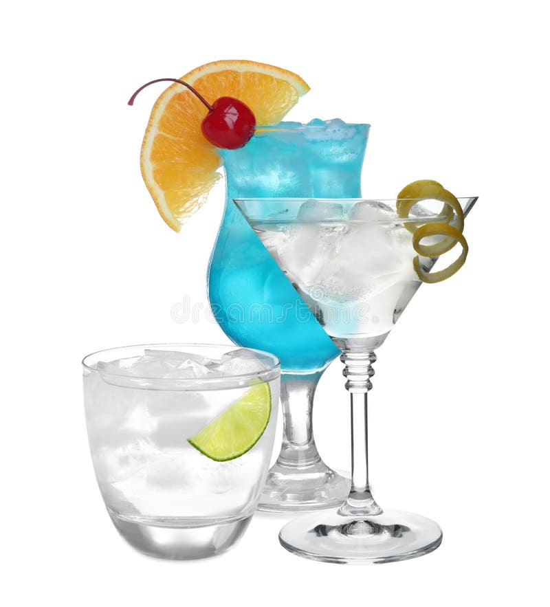 Set of Refreshing Alcoholic Drinks on Background. Banner Design Stock