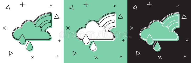 Set Regenbogen mit Wolke und Regen-Symbol auf weißem und grünem schwarzen Hintergrund isoliert. Vektor lizenzfreie abbildung
