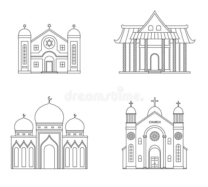 Set of religion buildings. Church, mosque, synagogue, pagoda. Traditional religions architecture.