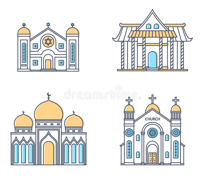 Set of religion buildings. Church, mosque, synagogue, pagoda. Traditional religions architecture.