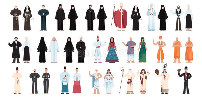 Set of religion people wearing specific uniform. religious figure stock illustration