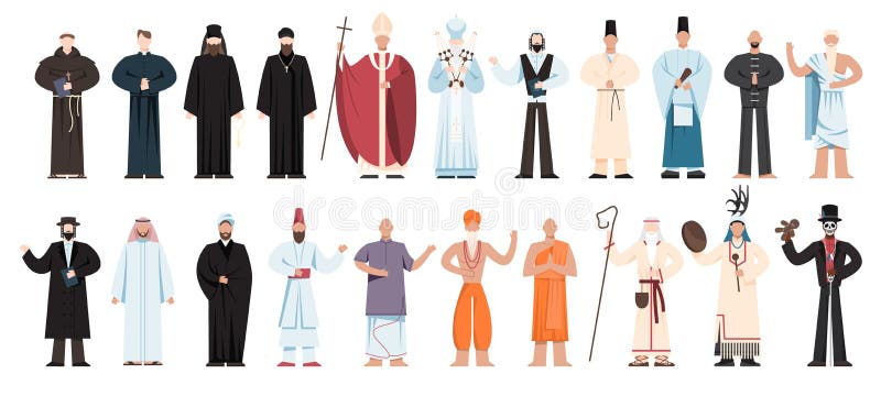 Set of religion people wearing specific uniform. religious figure vector illustration