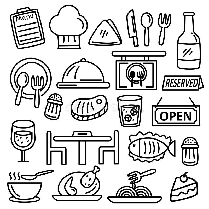 Restaurant Doodle Set. Vector Illustration. Stock Vector Illustration