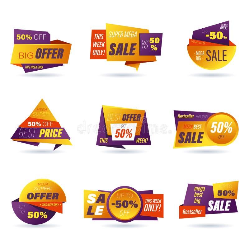 Set of retail sale tags. Stickers best offer price and big sale pricing tag  badge design. Limited sales offer label or store discount banner card  isolated. Shopping coupon. Vector illustration.