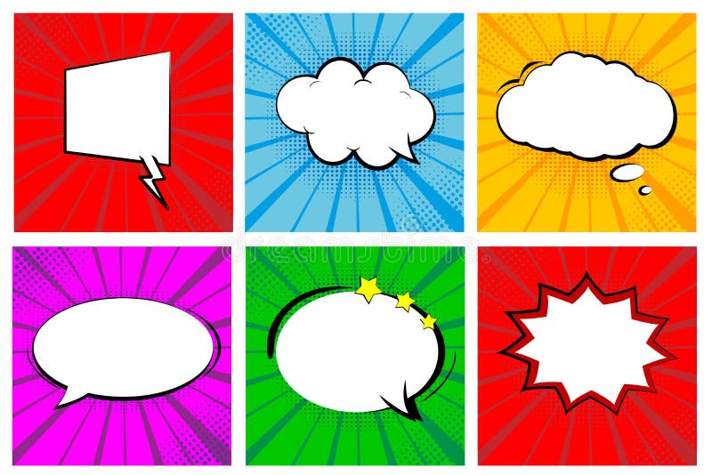 Set of retro comic books. Cartoon empty speech bubbles. Colorful pop art style background frames. Vector