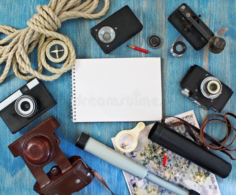 Set of retro items for tourists stock photos Set of retro items for tourists stock photos