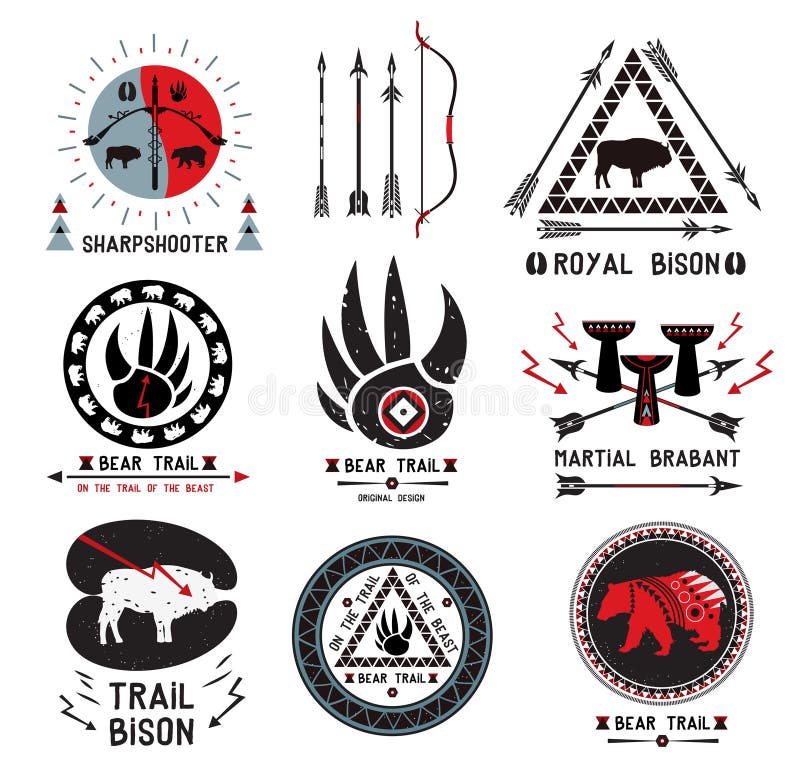 Set of retro labels hunting. Ethnic weapon logo design elements. Outdoor camp Logo