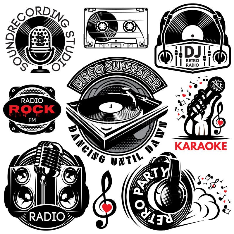 Set retro odznaki templat dla karaoke, dyskoteka, przyjęcie, radio, śpiewa. Set retro odznaka szablony dla karaoke, dyskoteka, przyjęcie, radio, śpiewa