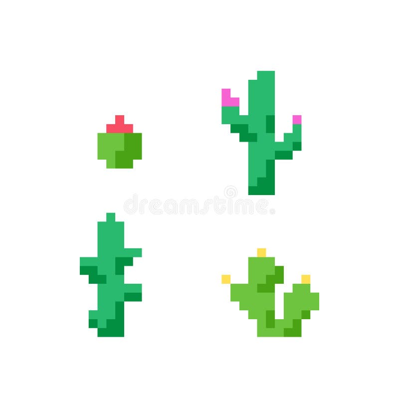 Set of retro pixel art cacti for game level design stock illustration