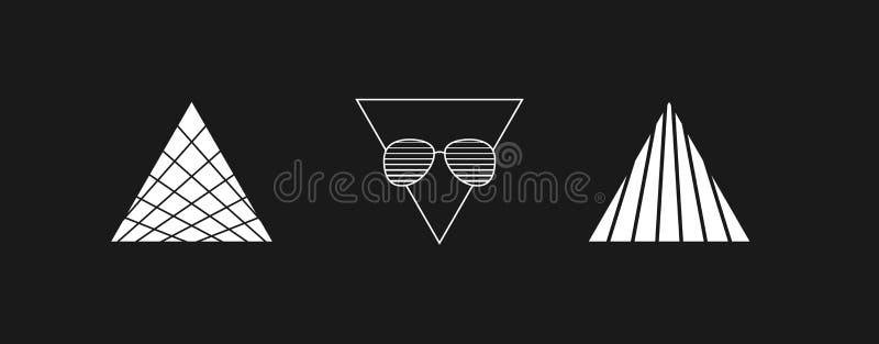 Set of retrowave design elements. Triangles with stripes, sunglasses and linear triangle. Pack of retrowave 1980s style vector illustration