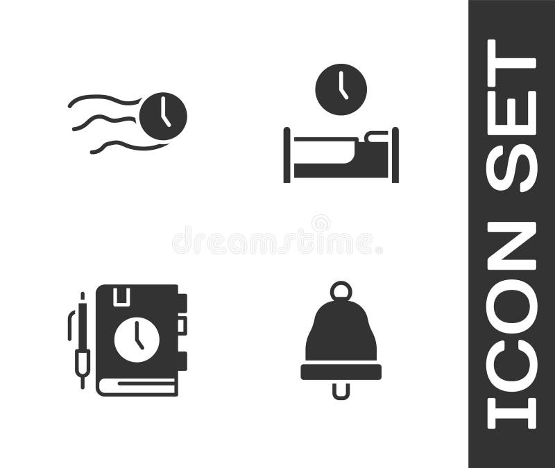 Set Ringing bell, Time flies on the clock, Daily paper notepad and to sleep icon. Vector vector illustration