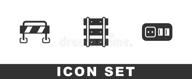 Set Road barrier, Railway, railroad track and Electrical outlet icon. Vector vector illustration