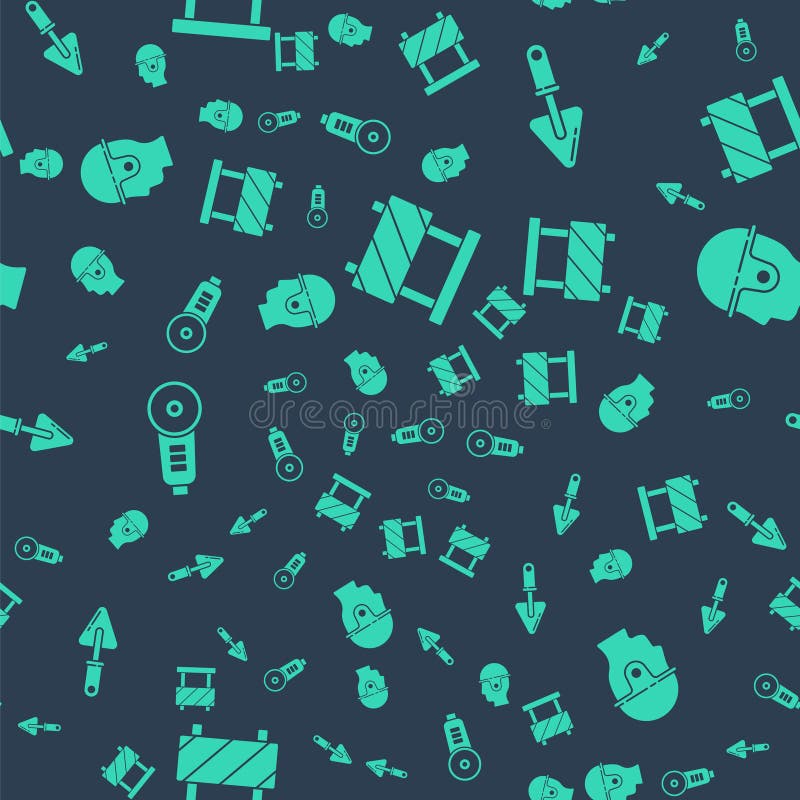 Set Road barrier, Trowel, Angle grinder and Worker safety helmet on seamless pattern. Vector royalty free illustration