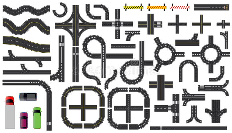 Set of road parts with dashed line, roadside marking, intersections junction and crosswalk.