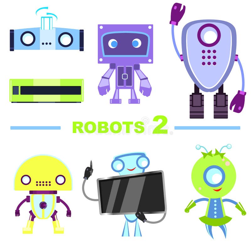 Set of robot characters. Multicolored robots isolated on a white background. stock illustration
