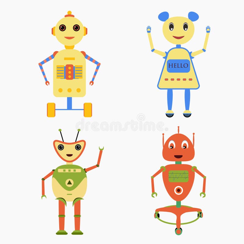Set of robots in cartoon style. Isolated vector robots in a white background stock illustration